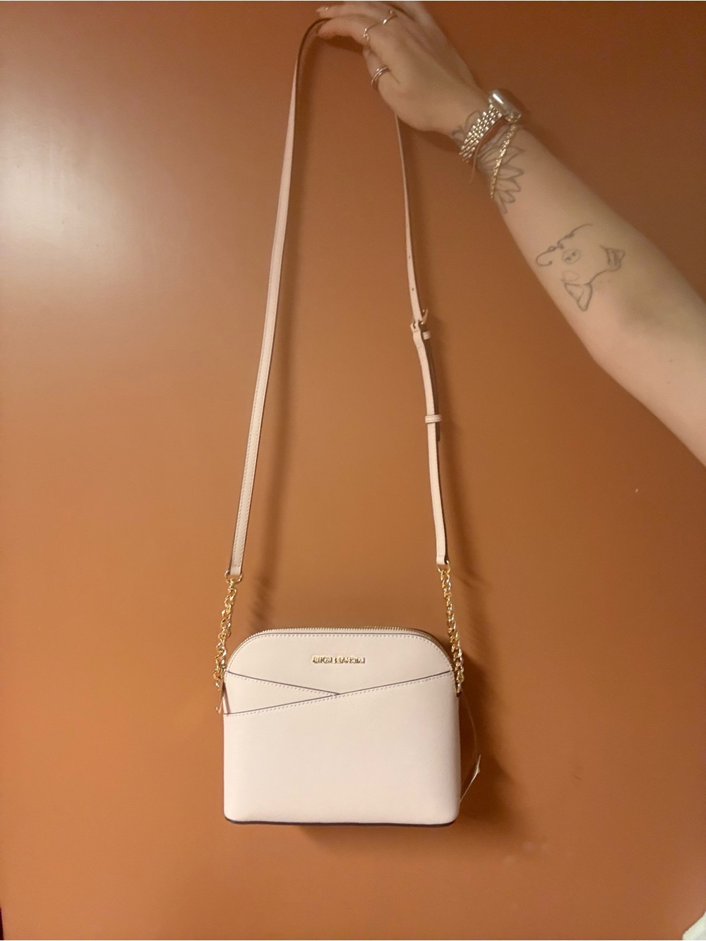 Michael Kors Saffiano Leather Dome Crossbody Bag in Powder Blush Pink - Picture 2 of 10